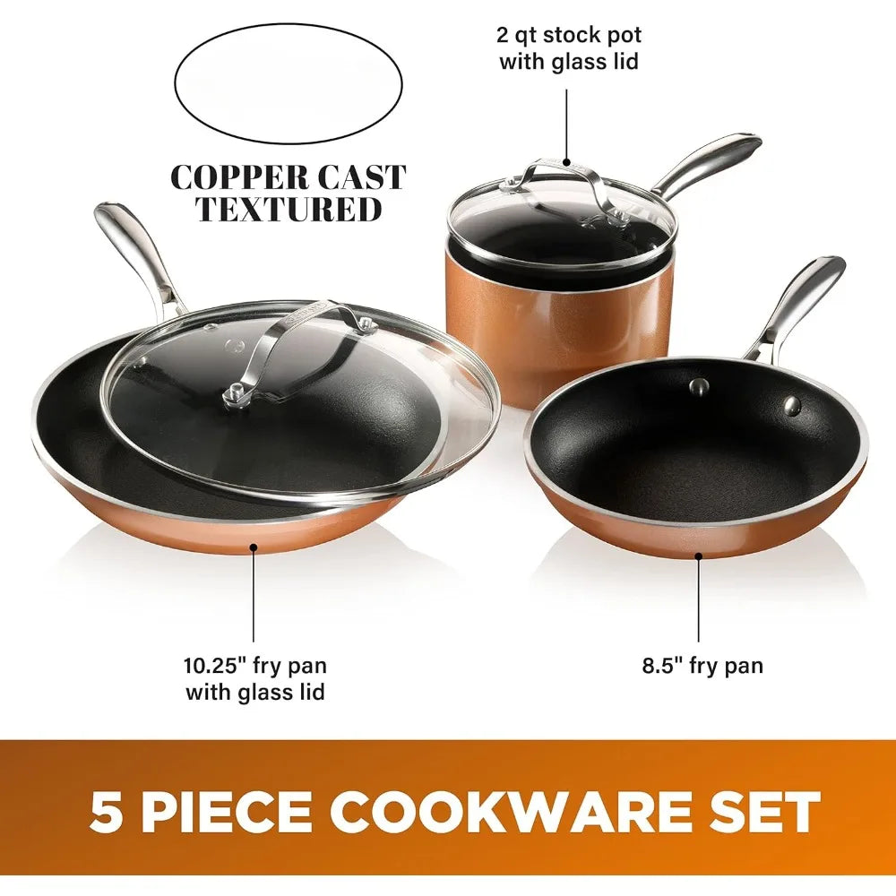 Copper Cast 5 Piece Cookware,Pots and Pan Set with Triple Coated Nonstick Copper Surface & Aluminum Composition for Even Heating