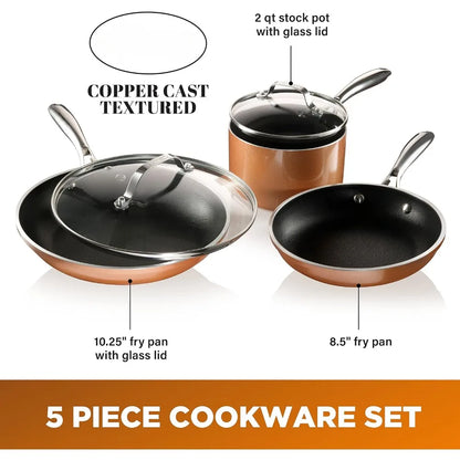 Copper Cast 5 Piece Cookware,Pots and Pan Set with Triple Coated Nonstick Copper Surface & Aluminum Composition for Even Heating