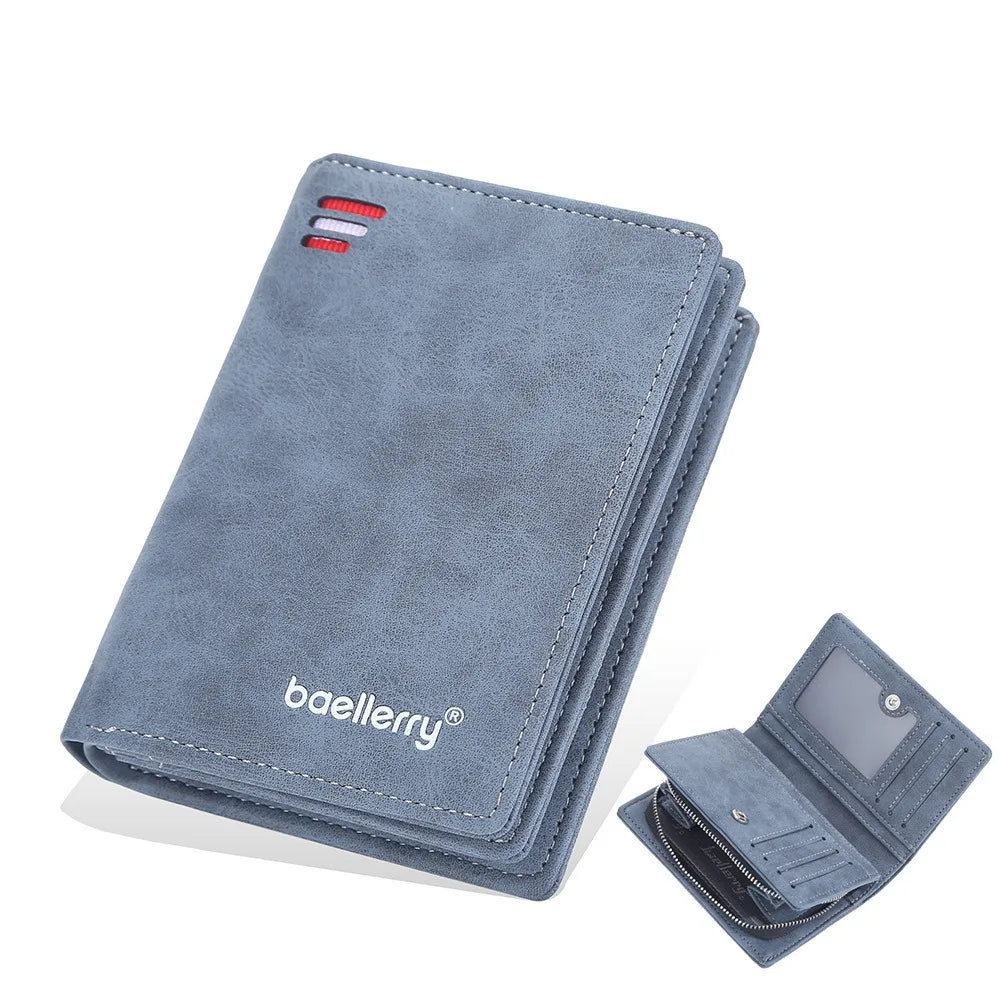 Men's Front Pocket Wallet Slim PU Leather Zipper Closure RFID Protection 10 Card Slots Minimalist