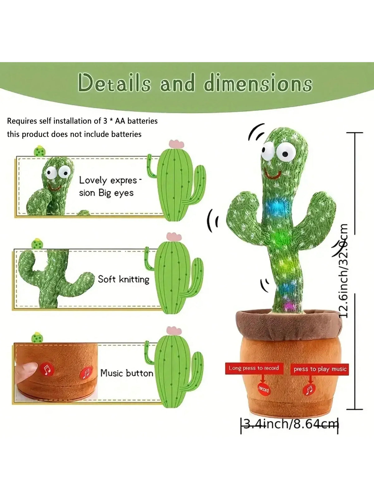 1pc-Dancing Talking Cactus Toys For Baby Boys And Girls, Singing Mimicking Recording Repeating What You Say Sunny Cactus Up Plus