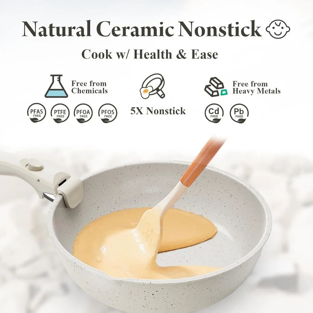 Ceramic Nonstick Cookware Set, Healthy,Non Toxic,17-Pieces Pots and Pans Set Removable Handles,Induction RV Kitchen Set,Stain