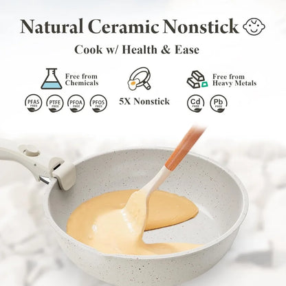 Ceramic Nonstick Cookware Set, Healthy,Non Toxic,17-Pieces Pots and Pans Set Removable Handles,Induction RV Kitchen Set,Stain