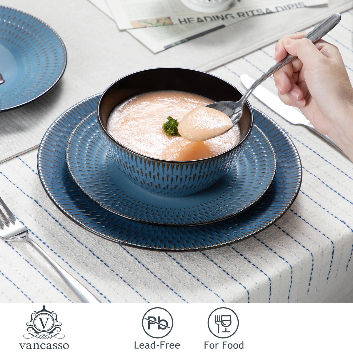 VANCASSO PLUVO 16/32/48 Piece Blue Embossed Stoneware Tableware Set with Dinner/Dessert Plate/Soup Bowl/Mug Service for 4/8/12