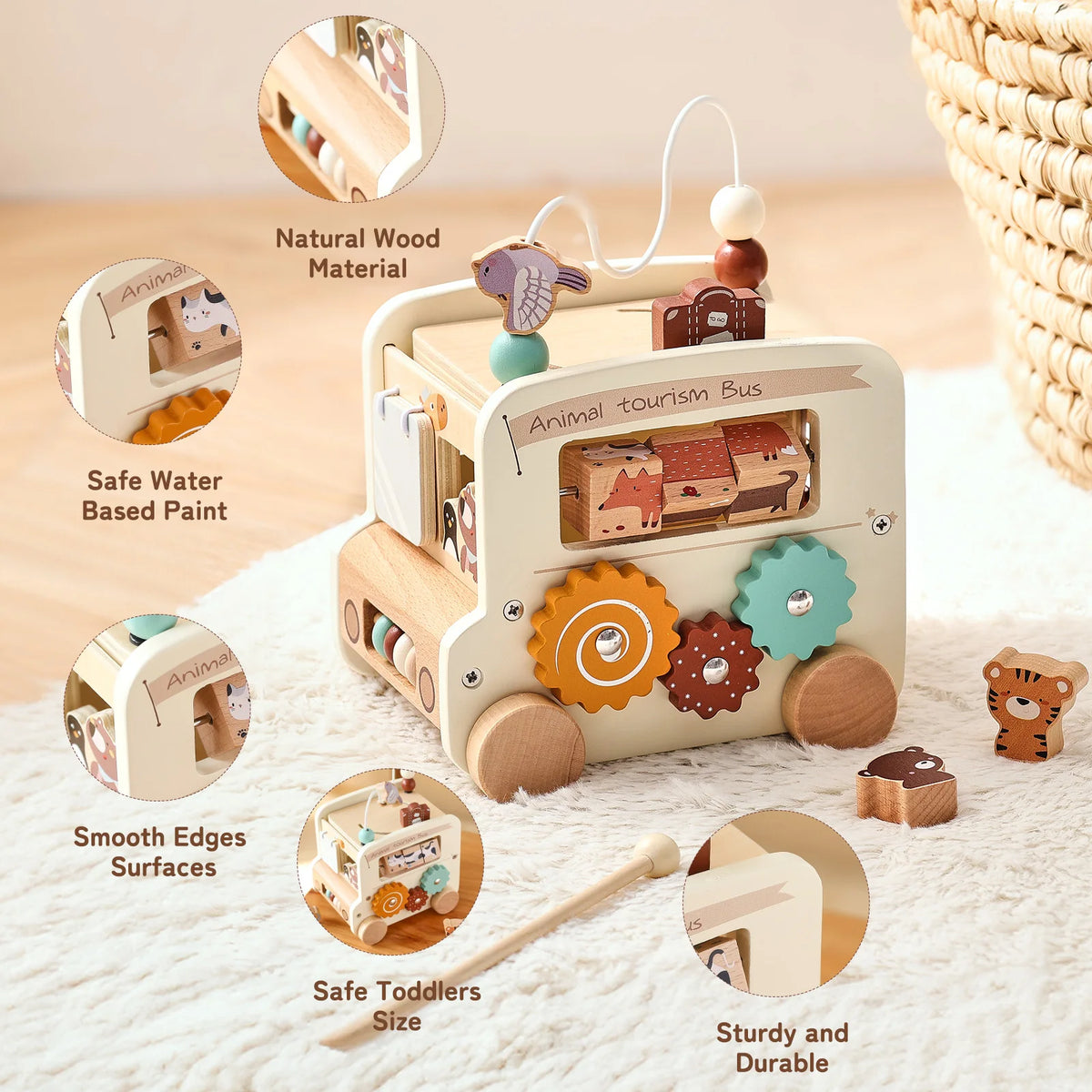 Baby Wooden Montessori Toy 0-12Months Baby Car Toy Polyhedron Busy Bus Toy Kids Early Education Hand Brain Sense Organ Toys Gift