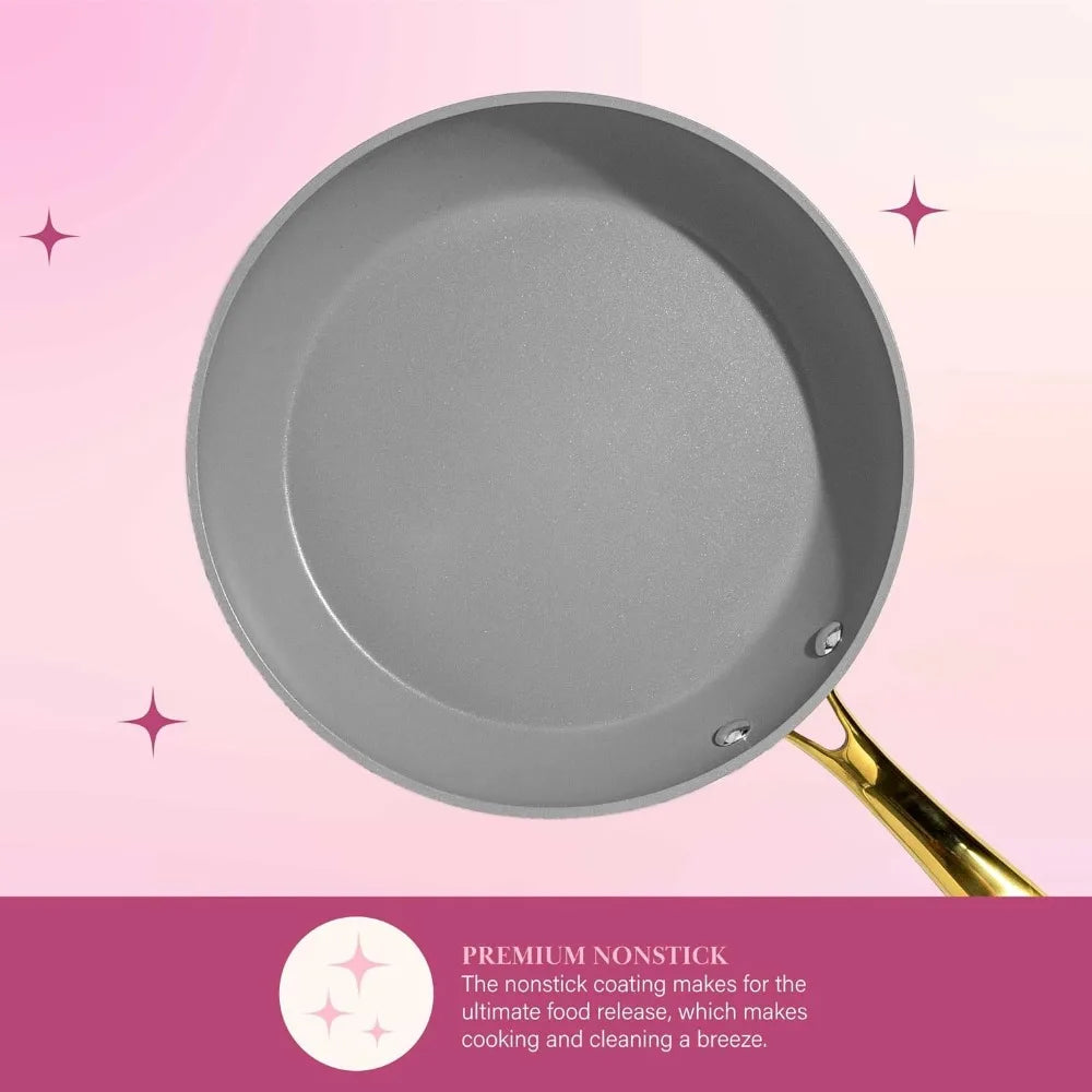 Iconic Nonstick Pots and Pans Set, Multi-layer Nonstick Coating, Matching Lids With Gold Handles, Made without PFOA