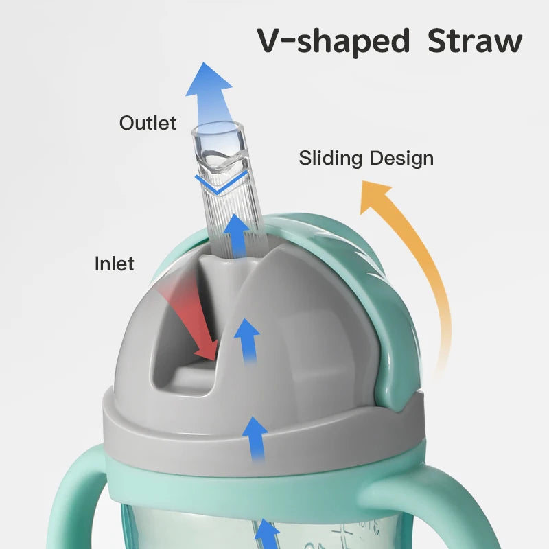 350ml V Shape Straw Sippy Cup Infant Baby Slide Lid Training Drinking Water Bottle Cups Cartoon Style Pattern Design