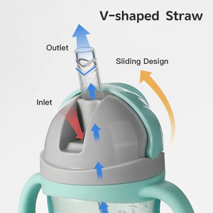350ml V Shape Straw Sippy Cup Infant Baby Slide Lid Training Drinking Water Bottle Cups Cartoon Style Pattern Design