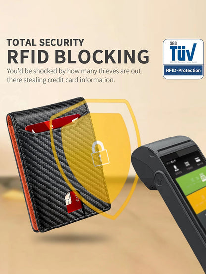 Men's Ultra-Thin RFID Blocking Leather Wallet Bi-Fold Front Pocket Wallet Large Capacity 8 Card/Short Card Holder with ID Window