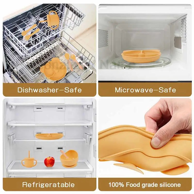Feeding Set Silicone For Baby Sucker Bowl Dishes Plate For Kids Bear Plate Set Baby Tableware Children's Cup With Straw 8Pcs