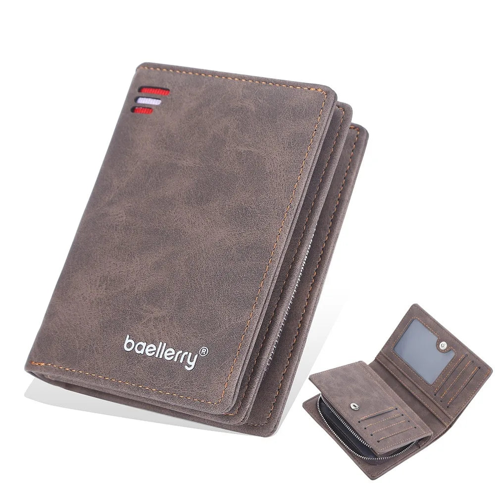 Men's Front Pocket Wallet Slim PU Leather Zipper Closure RFID Protection 10 Card Slots Minimalist