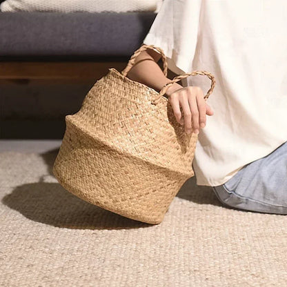 Rattan Flower Pots Container Storage Supplies Foldable Basket Weaved Storage Baskets with Handle Laundry Toys Sundries Organizer