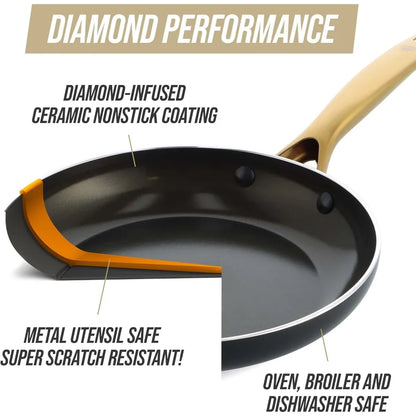 Gold 14 Piece Cookware Set, Ceramic Nonstick, PFAS Free, PFOA Free, Induction Suitable, Dishwasher Safe, Gold Handle