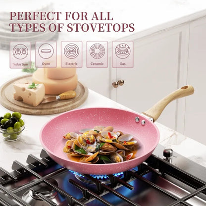 Innerwell Kitchen Frying Pan Stockpot Milk Pot 8Pc/Sets Glass Lid Nonstick Toxin Free Cookware Skillets Compatible All Stoves