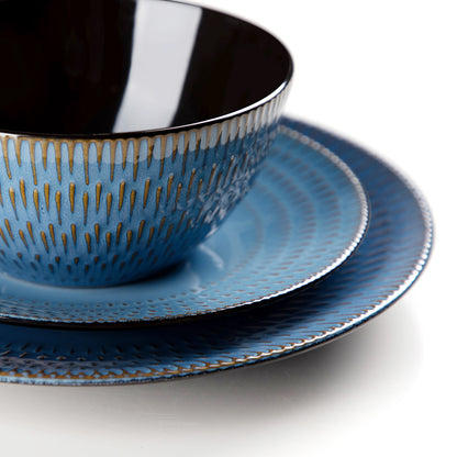 VANCASSO PLUVO 16/32/48 Piece Blue Embossed Stoneware Tableware Set with Dinner/Dessert Plate/Soup Bowl/Mug Service for 4/8/12