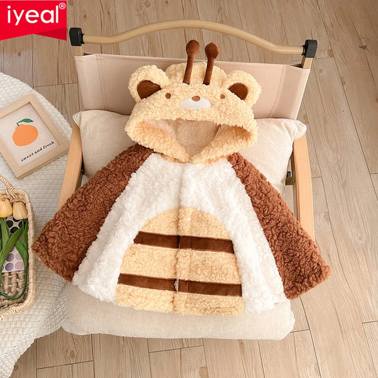 IYEAL Winter Cartoon Hooded Ears Warm Plus Fleece Coat Winter Baby Cute Cloak New Baby Clothing Baby Thickened Cloak