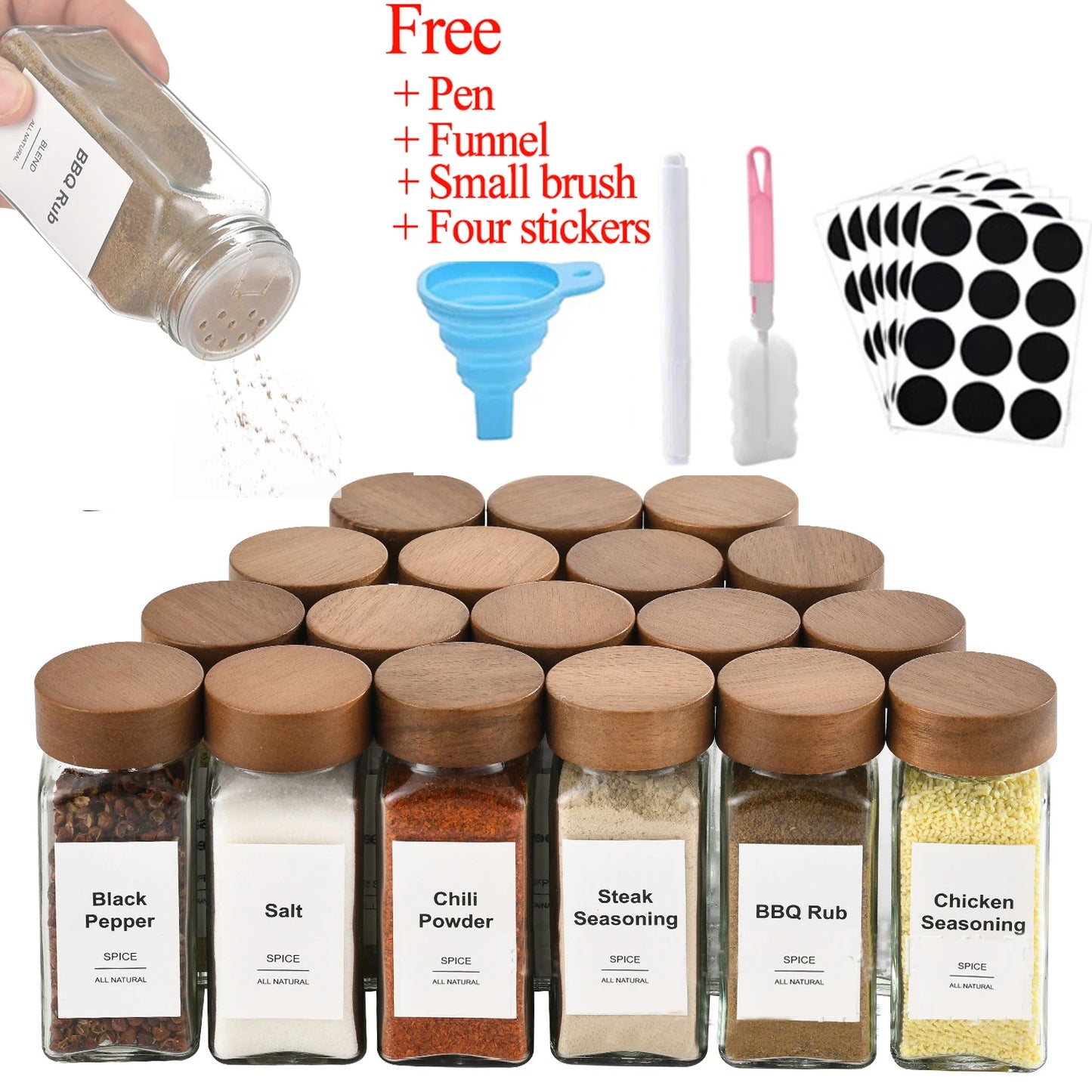 Wood Cover Glass Spice Jars Square Transparent Seasoning Storage Bottles Kitchen Salt Spices Ground Pepper Sealing Tools