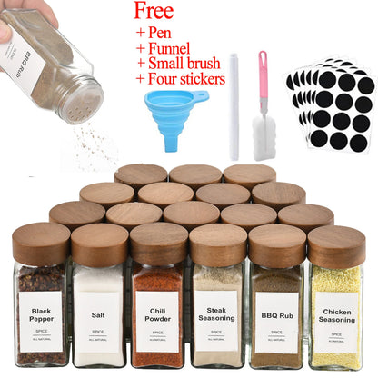 Wood Cover Glass Spice Jars Square Transparent Seasoning Storage Bottles Kitchen Salt Spices Ground Pepper Sealing Tools