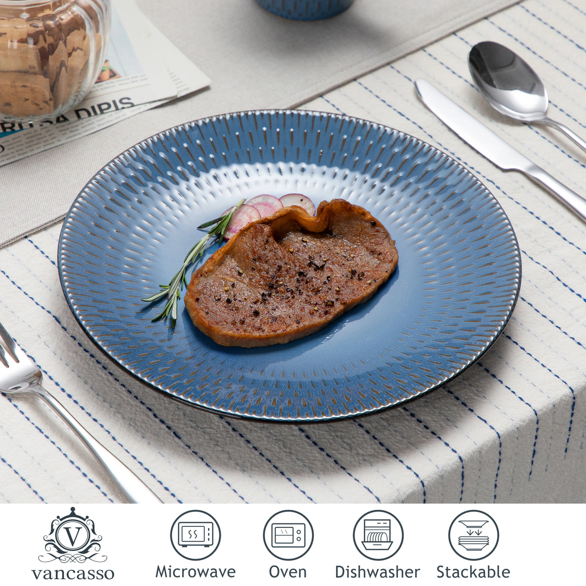 VANCASSO PLUVO 16/32/48 Piece Blue Embossed Stoneware Tableware Set with Dinner/Dessert Plate/Soup Bowl/Mug Service for 4/8/12