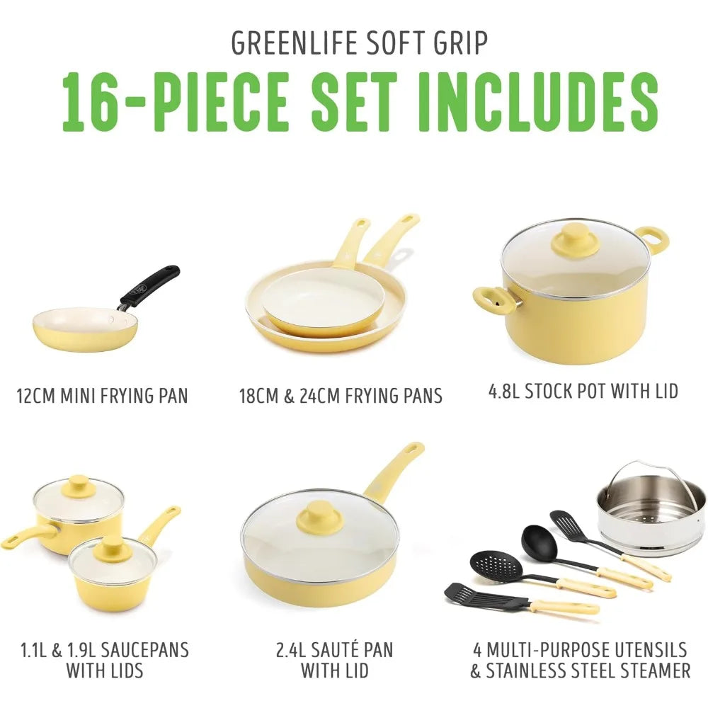 GreenLife Soft Grip Healthy Ceramic Nonstick 16 Piece Kitchen Cookware Pots and Frying Sauce Saute Pans Set, PFAS-Free with