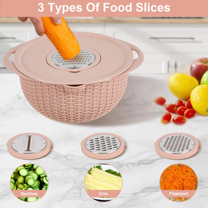 Kitchen Colander Set with Plastic Mixing Bowl 360°Rotating Food Strainers with 3 Thread Graters Stainless Steel Pasta Strainer