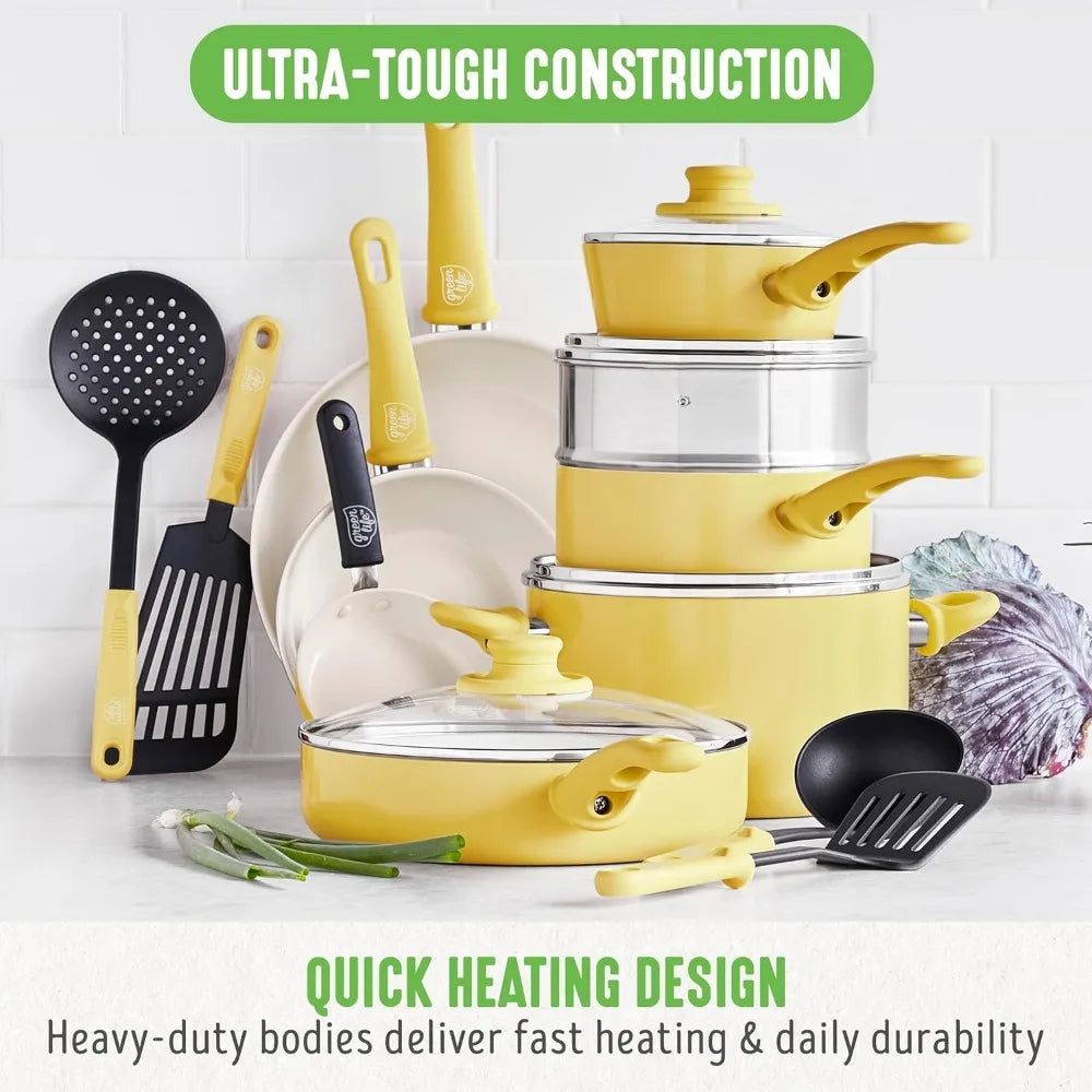 GreenLife Soft Grip Healthy Ceramic Nonstick 16 Piece Kitchen Cookware Pots and Frying Sauce Saute Pans Set, PFAS-Free with