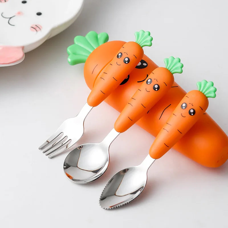 1PC/1set carrot set children's tableware stainless steel spoon and fork cutlery with box baby feeding kitchen tableware supplies