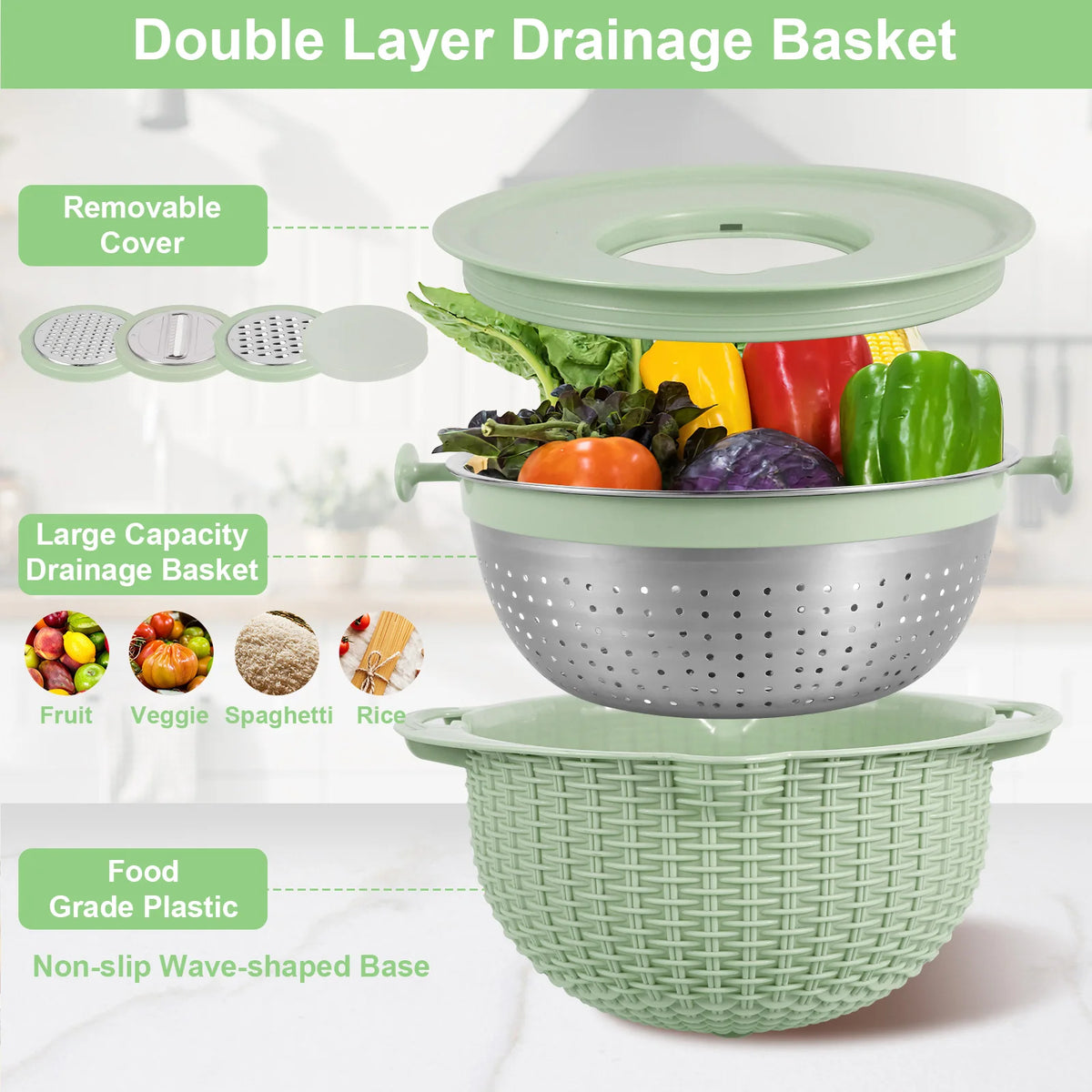 Kitchen Colander Set with Plastic Mixing Bowl 360°Rotating Food Strainers with 3 Thread Graters Stainless Steel Pasta Strainer