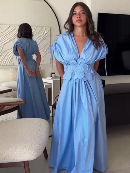 Women Chic Blue Flower Pleated Lace Up Long Dresses Women V-neck Sleeveless A-line Maxi Dress 2024 Ladies Holiday Banquet Robe