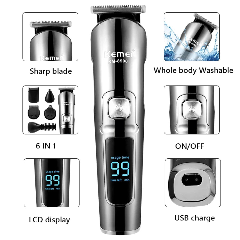 Professional Hair Trimmer Waterproof 6 in 1 Hair Clipper Electric Hair Cutting Machine Beard Trimmer Body For Men Haircut