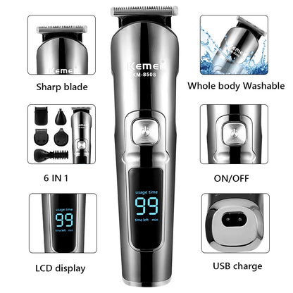 Professional Hair Trimmer Waterproof 6 in 1 Hair Clipper Electric Hair Cutting Machine Beard Trimmer Body For Men Haircut