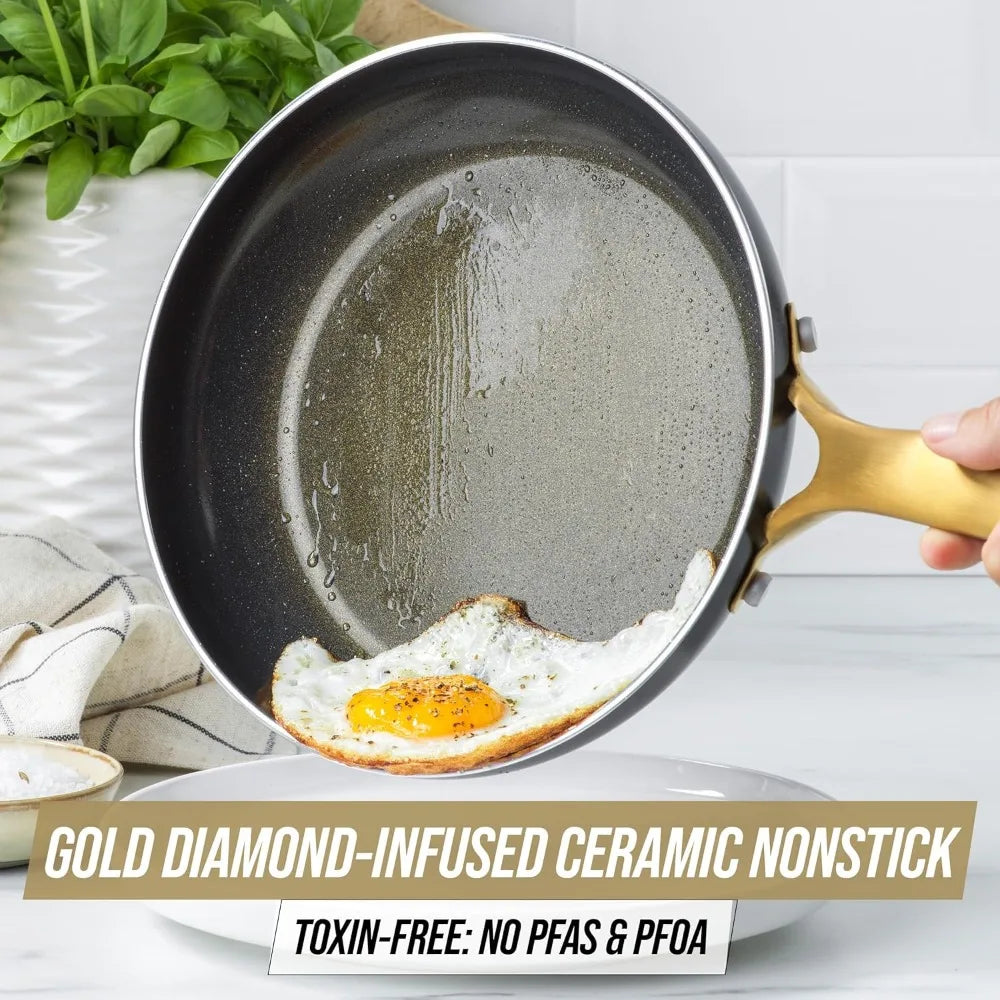 Gold 14 Piece Cookware Set, Ceramic Nonstick, PFAS Free, PFOA Free, Induction Suitable, Dishwasher Safe, Gold Handle