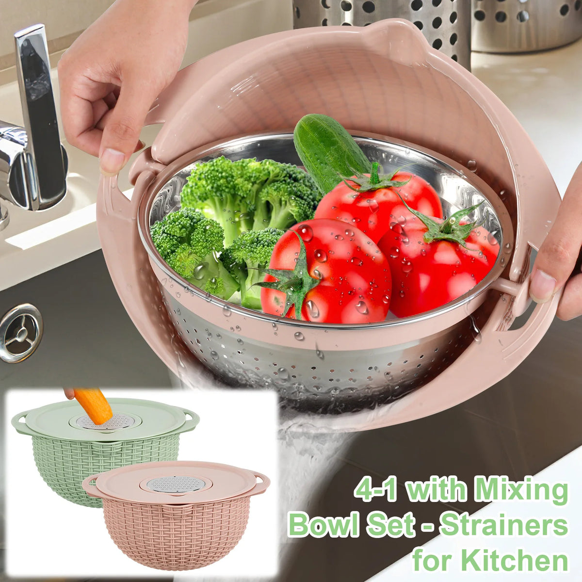 Kitchen Colander Set with Plastic Mixing Bowl 360°Rotating Food Strainers with 3 Thread Graters Stainless Steel Pasta Strainer