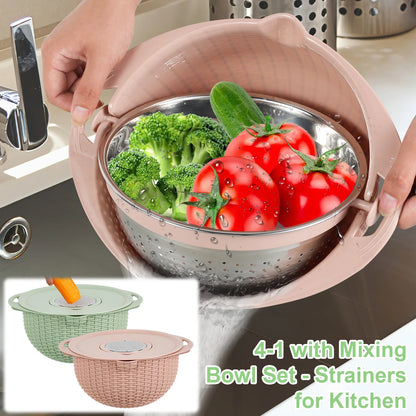 Kitchen Colander Set with Plastic Mixing Bowl 360°Rotating Food Strainers with 3 Thread Graters Stainless Steel Pasta Strainer