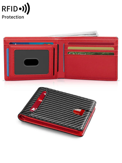 Men's Ultra-Thin RFID Blocking Leather Wallet Bi-Fold Front Pocket Wallet Large Capacity 8 Card/Short Card Holder with ID Window