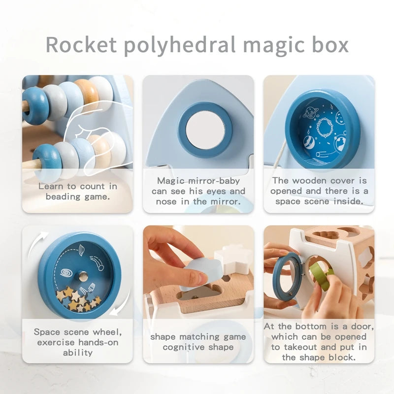 Kids Wooden Rocket 5-in-1 Stacking Set Toys Baby Multifunctional Shape Cognitive Educational Block Toy Baby Gift Montessori Toys