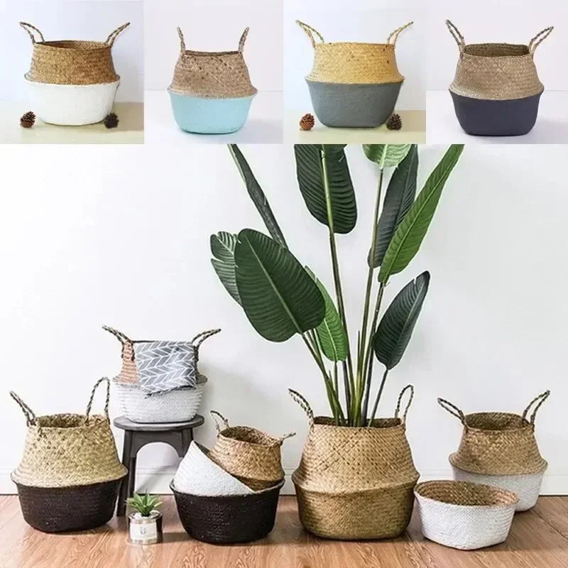 Rattan Flower Pots Container Storage Supplies Foldable Basket Weaved Storage Baskets with Handle Laundry Toys Sundries Organizer