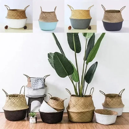 Rattan Flower Pots Container Storage Supplies Foldable Basket Weaved Storage Baskets with Handle Laundry Toys Sundries Organizer