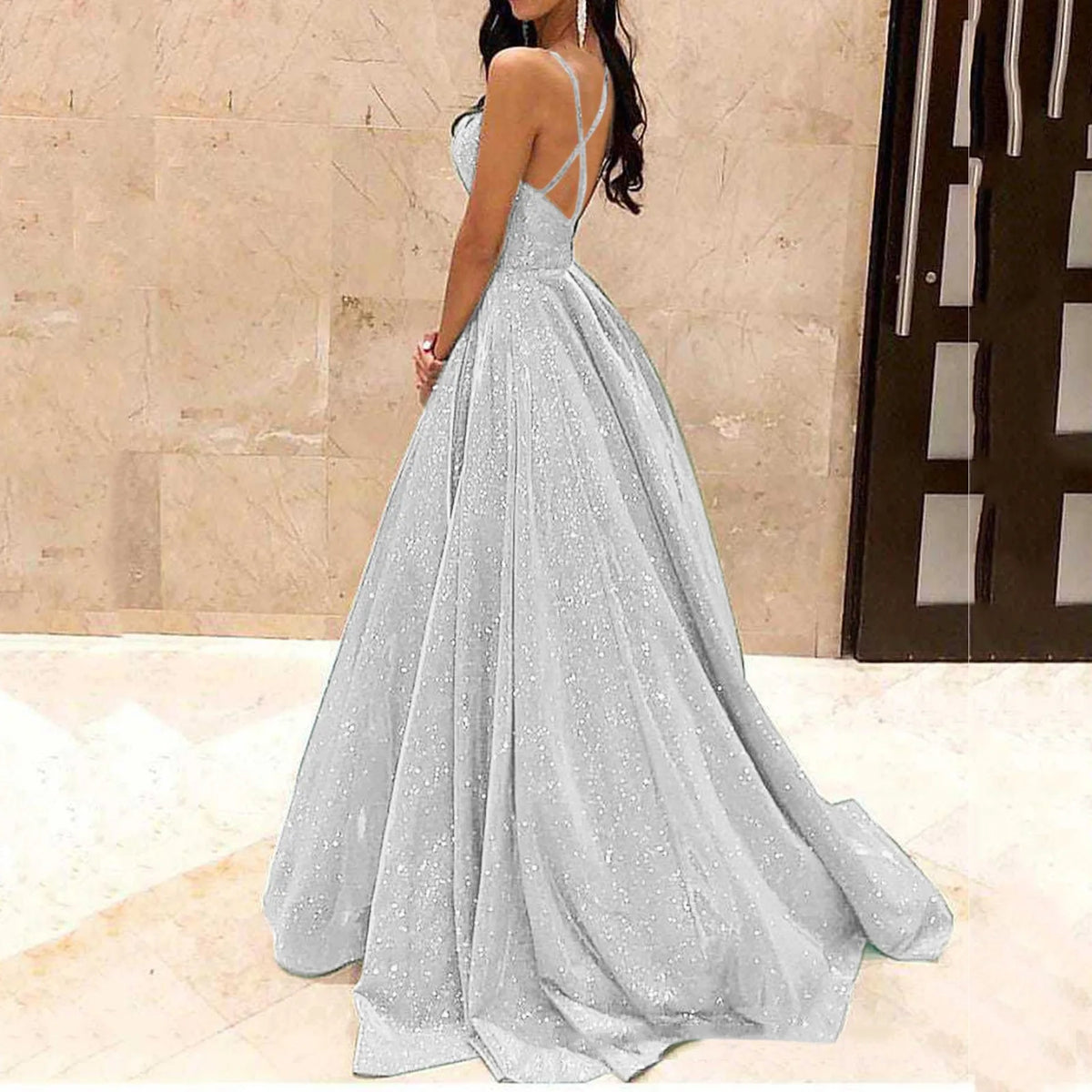 Buy Elegant Backless Sequin Party Dress for parties. It features sparkling sequins with a backless A-line fit for evening wear.