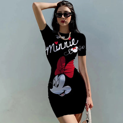 Mickey Mouse Bodycon Mini Dress combines a fitted sheath shape, elastic waist, and short sleeves with a playful print.