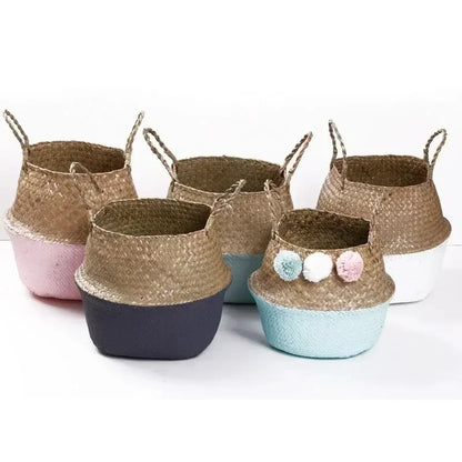 Rattan Flower Pots Container Storage Supplies Foldable Basket Weaved Storage Baskets with Handle Laundry Toys Sundries Organizer