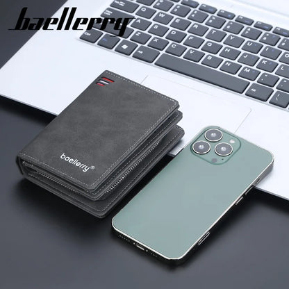 Men's Front Pocket Wallet Slim PU Leather Zipper Closure RFID Protection 10 Card Slots Minimalist