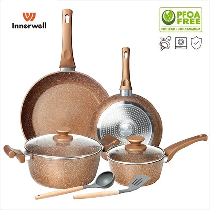 Innerwell Kitchen Frying Pan Stockpot Milk Pot 8Pc/Sets Glass Lid Nonstick Toxin Free Cookware Skillets Compatible All Stoves