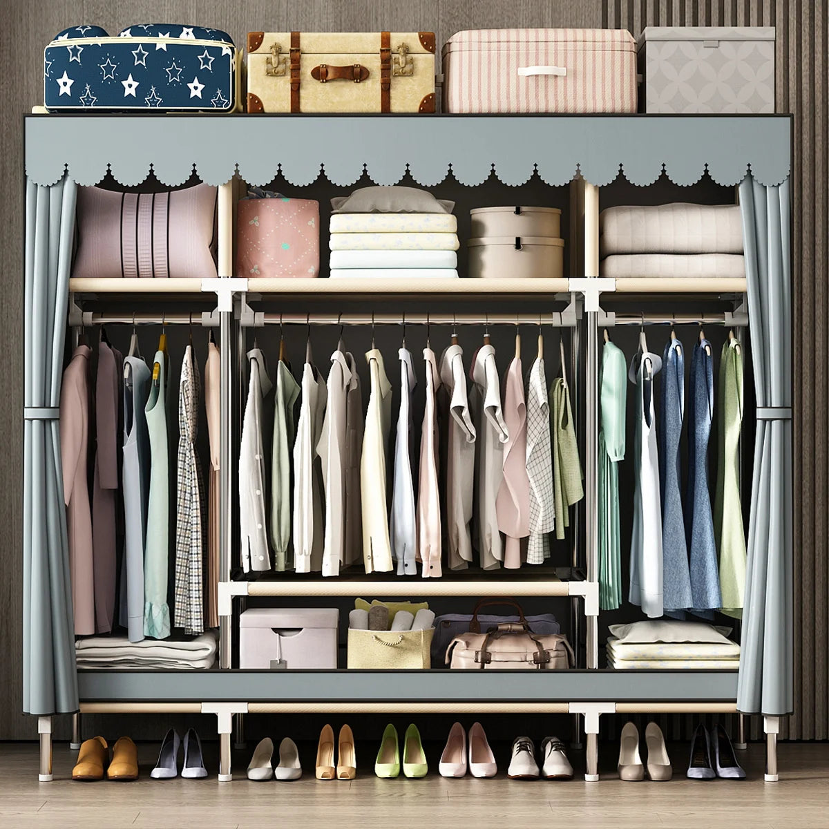 Spacious Wardrobe with Dustproof Cover - Durable Steel Frame - Ideal for Bedroom, Dorm, Entryway Organization