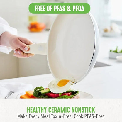 Healthy Ceramic Nonstick 16 Piece Kitchen Cookware Set Pots and Frying Sauce Saute Pans Set, PFAS-Free , Cream