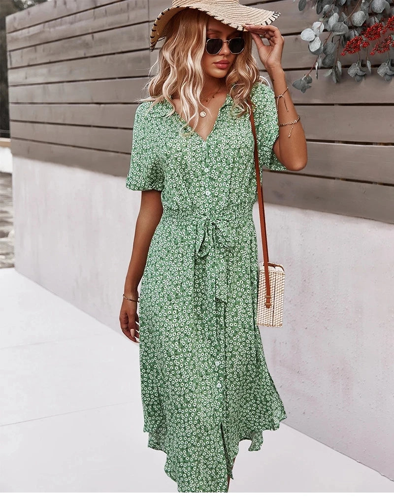 Elevate your wardrobe with a boho midi dress for women, featuring short sleeves & breezy, beach-ready designs for summer style.