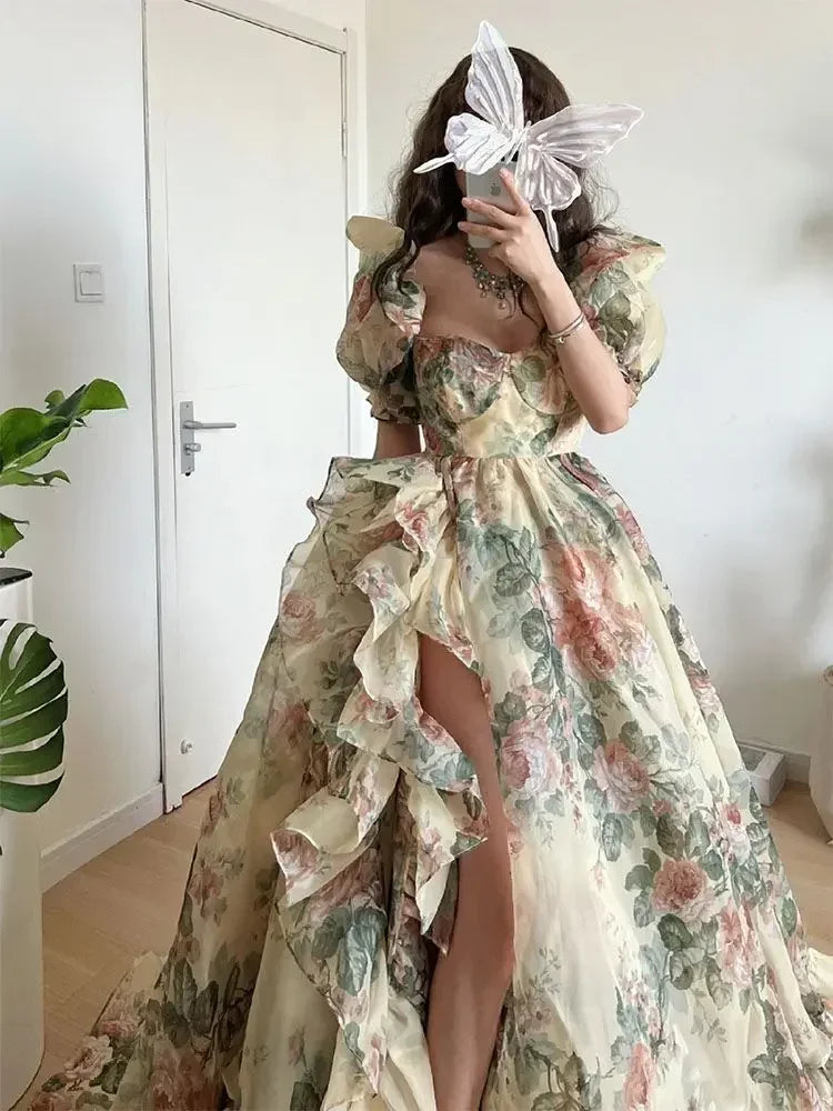 Step into the spotlight with a floral evening party dress featuring puff sleeves, a maxi silhouette & a flattering design.