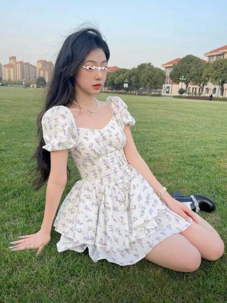 Embrace effortless summer style with a floral high-waist dress inspired by Korean fashion, featuring a flattering fit.