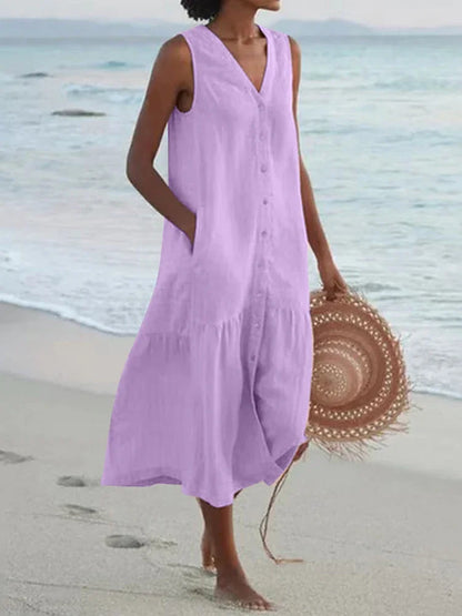 Looking for a V Neck Midi Dress? Enjoy a loose A-line fit, cotton fabric, and convenient pockets for effortless summer style.
