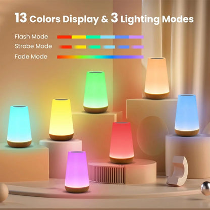 Order a Rechargeable Dimmable Touch Lamp for soft bedside lighting with 13 RGB colors that create a cozy glow for relaxing nights.