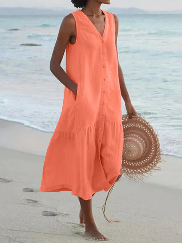 Looking for a V Neck Midi Dress? Enjoy a loose A-line fit, cotton fabric, and convenient pockets for effortless summer style.